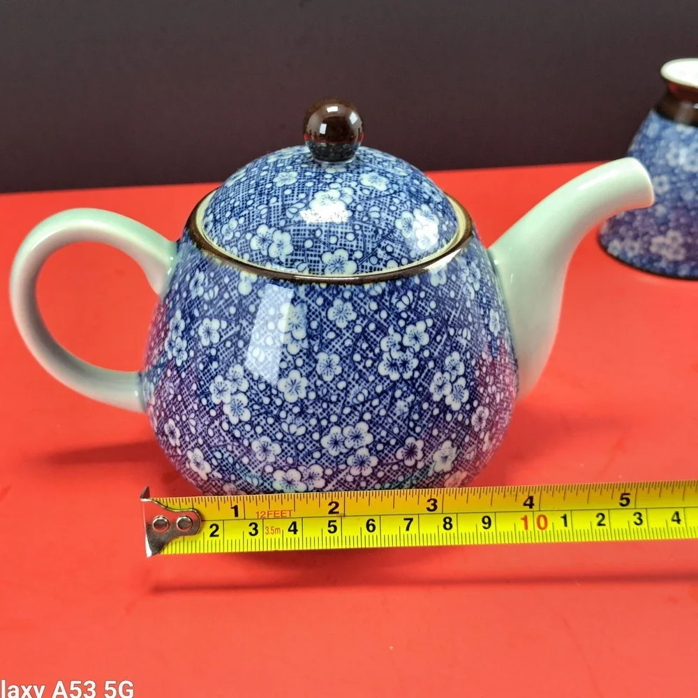 Vintage‎ Tachikichi Japanese Tea Set 6 Pc Blue Calico Floral Teapot Cups EX